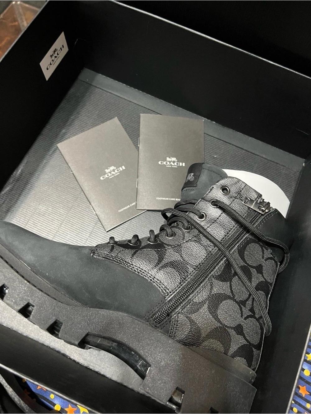 Coach Black Signature Logo Lace-Up Combat Boot